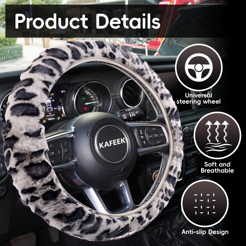 KAFEEK Elastic Long Microfiber Plush Steering Wheel Cover for Winter Warm, Universal 15 inch, Anti-Slip, Odorless, Leopard Gray - Image 5